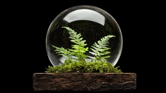 A glass dome holds a small plant with green leaves and white flowers, set against a black background.