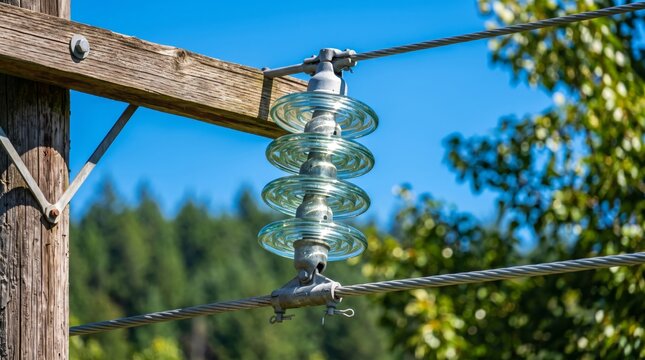 Close-up of Glass Insulator on High Voltage Power Line