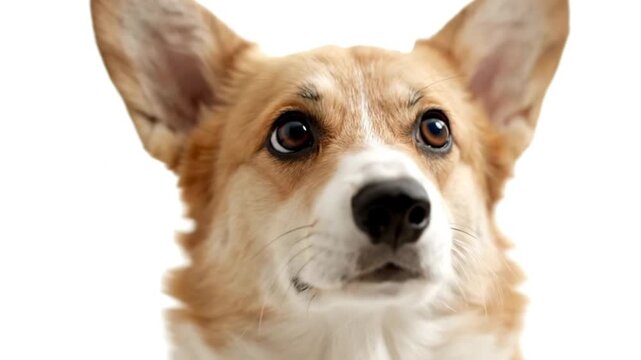 Close-up of a Cute Corgi Dog Looking Directly at the Camera on a Plain White Background