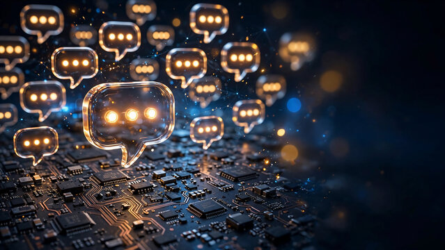 Glowing glass speech bubble icons rising from electronic circuit board, perfect for digital communication, network connectivity and chat technology.