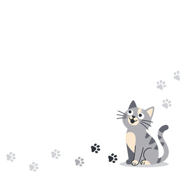 Cute Grey Tabby Cat Looking Up with Paw Prints Vector Background