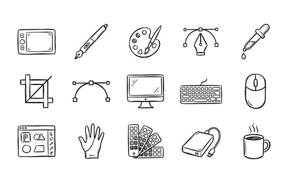 Hand drawn graphic design icon pack including essential creative digital art tools technical workspace supplies branding software elements and professional studio equipment
