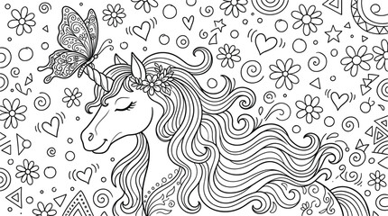 Magical unicorn profile coloring page for kids with long wavy mane butterfly hearts flowers and star patterns © MstHusna