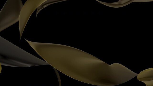 Elegant 3D gold satin ribbons floating gracefully across a dark backdrop. Sophisticated motion design element tailored for premium cosmetic branding, haute couture, and retail reveals.