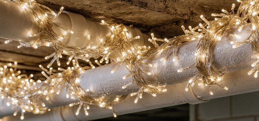 Fototapeta premium Exposed basement pipes adorned with glowing fairy lights add a cozy, festive atmosphere for holiday decorating.