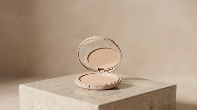 Open face powder compact case on a stone pedestal with a minimalist beige background