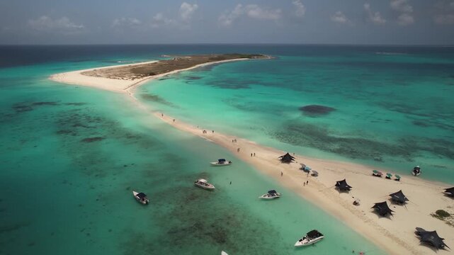 Aerial drone view of Cayo de Agua sandbar in Los Roques Venezuela