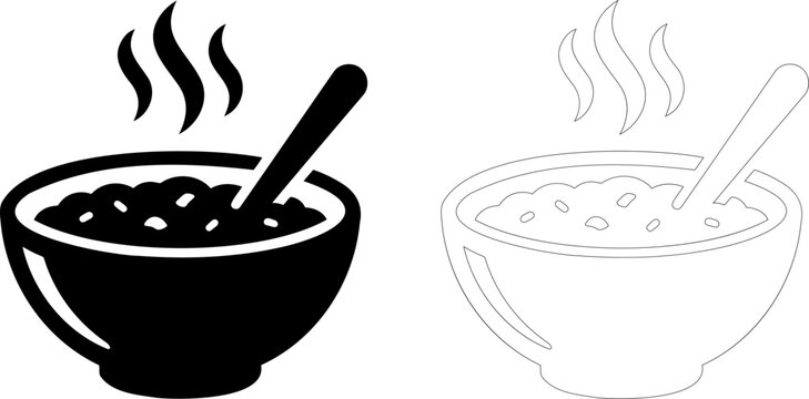 Black bowl of hot beans with steam and spoon illustration