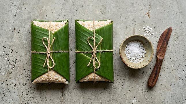 Fresh raw tempeh wrapped in banana leaves with sea salt and a wooden knife on a grey background