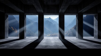 Fototapeta premium A room with a concrete floor and a view of mountains.