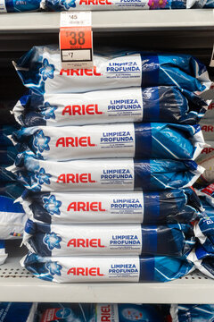 Villa de Alvarez, Colima. Mexico. June 26, 2026: Ariel Laundry Detergent Bags Stacked on Supermarket Shelf