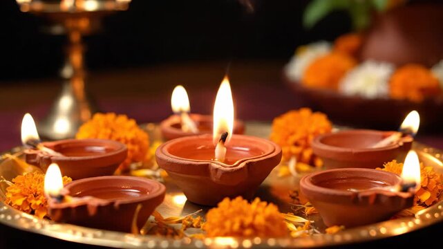 Hand lighting clay diyas for Diwali festival celebration