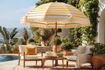Fototapeta premium Front flat view of an open red and white striped beach umbrella isolated on a transparent background.