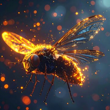Glowing Fly with Sparkling Wings Closeup.