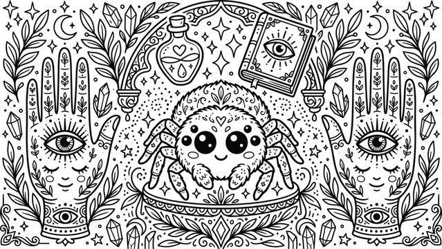 Mystical witchcraft coloring page with cute spider magic book crystal potion and hamsa hand with evil eye ornament