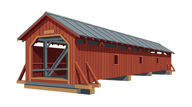 Classic Red Wooden Covered Bridge in Scenic Nature Setting with Lush Green Surroundings and Bright Sky for Travel and Landscape Photography