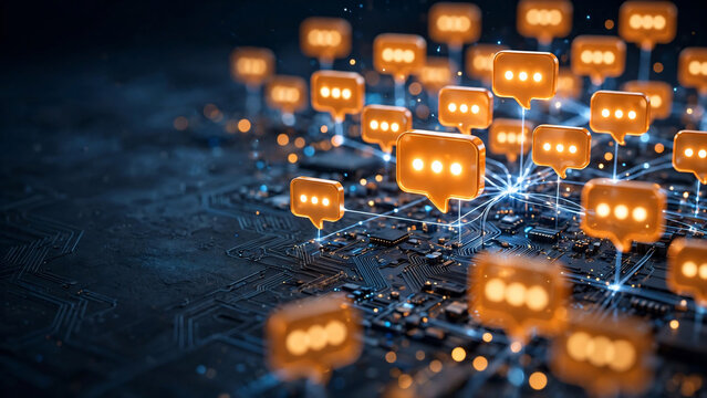 Glowing orange chat bubble icons rising from a dark computer circuit board, concept for digital communication, social media networking and connectivity.