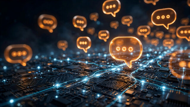 Glowing orange speech bubbles floating above a digital circuit board, cinematic depth of field, ideal for communication, networking and AI technology.