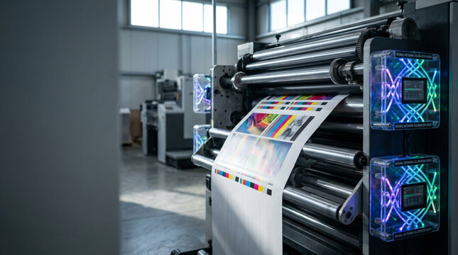 Colorful printing press producing vibrant prints in modern industrial facility with bright natural light and advanced machinery