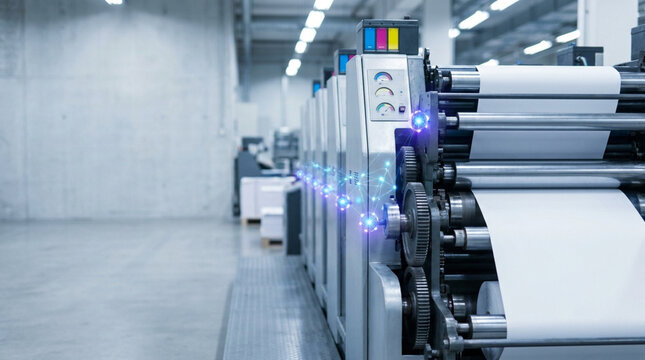 Industrial printing machine with paper rolls and digital network connection in modern factory environment