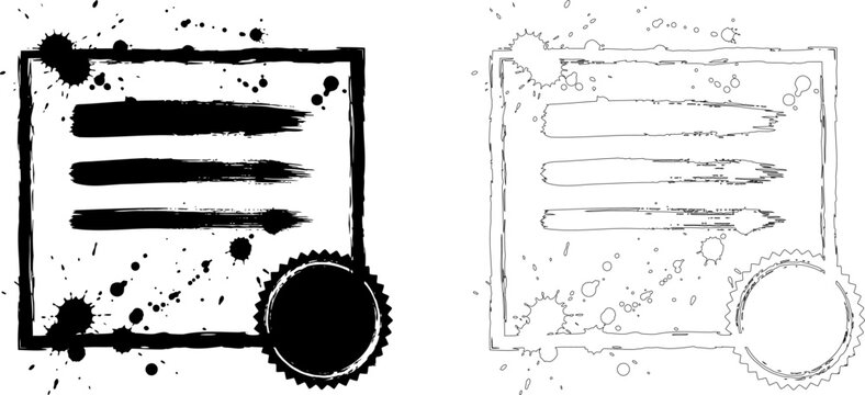 Hand-drawn document with stamp and ink splatters