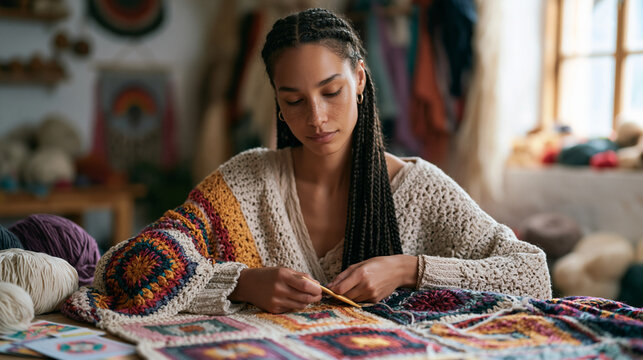 A woman with long braids uses a crochet hook to join colorful yarn squares into a patterned throw blanket while seated at a craft table surrounded by skeins and pattern cards in a