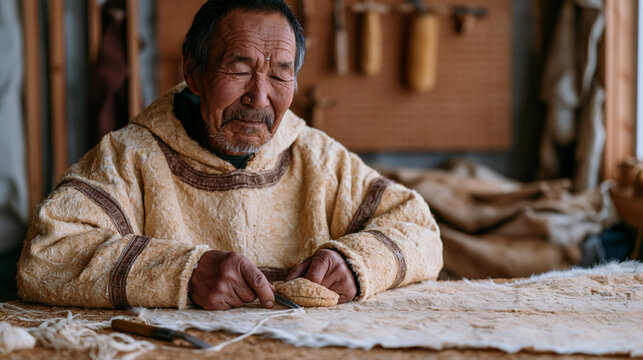 Inuit hunter preparing traditional hand-sewn sealskin mittens on a workbench inside a warm community workshop, awl and sinew thread laid out on a textured work surface, finished