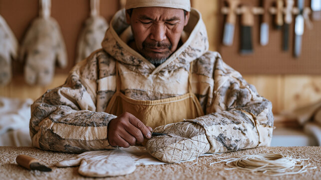 Inuit hunter preparing traditional hand-sewn sealskin mittens on a workbench inside a warm community workshop, awl and sinew thread laid out on a textured work surface, finished