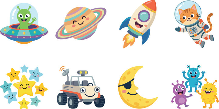 Cute outer space cartoon icon set featuring alien rocket astronaut cat planets and stars