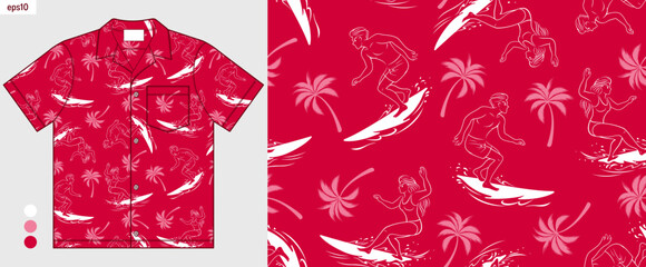 Seamless Hawaiian Aloha Mockup Shirt Pattern with White Line Art Male and Female Surfers Tropical Palm Trees Deep Red Background Minimalist Textile Print Summer Beach Fashion Premium Fabric Design © kirkchai