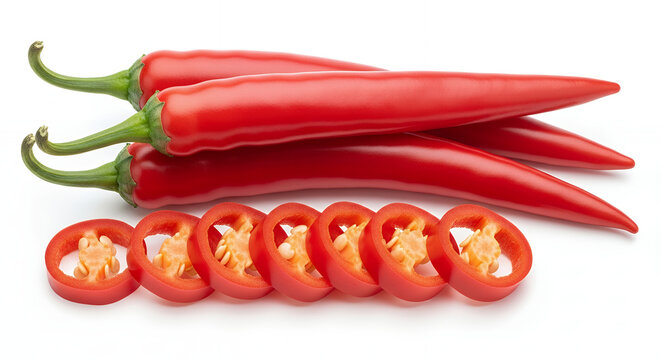 A fresh red chili peppers presented whole and sliced, isolated on a pure white background