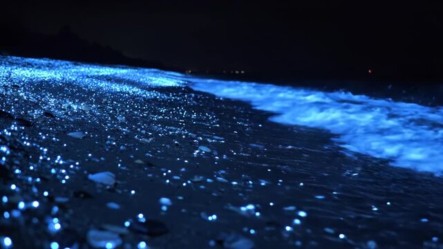 Waves wash over a dark beach covered in glowing blue bioluminescent plankton at night.