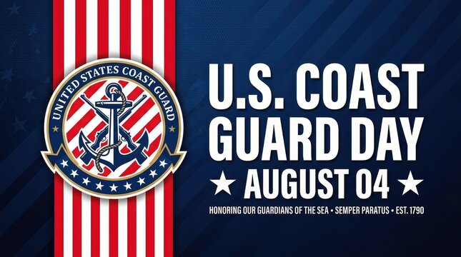 US Coast Guard Day August 04 banner with military shield and red white stripes