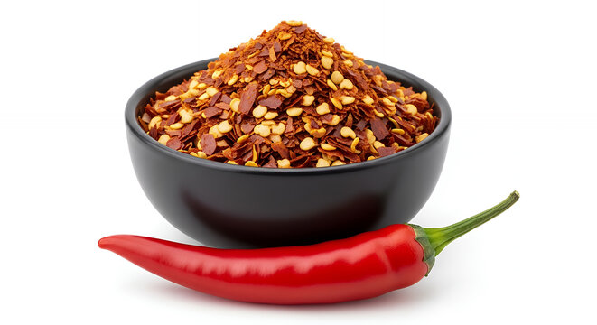 A matte black bowl filled with crushed chili flakes, accompanied by a whole red chili pepper, isolated on a pure white background