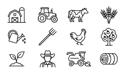 Obraz premium Farming and Agriculture Line Icons Set Editable Stroke Farm Outline Vector Collection on White Background