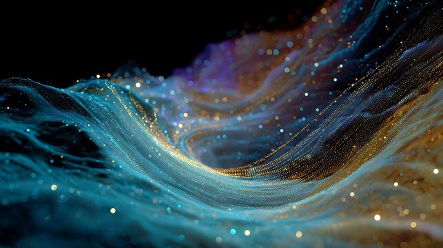 Abstract digital swirls of luminous particles creating dynamic flowing waves across dark background space with swirling vortex glowing particles light trails create fluid