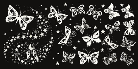 Butterflies And Stars A Decorative White Vector Illustration © Shobuj