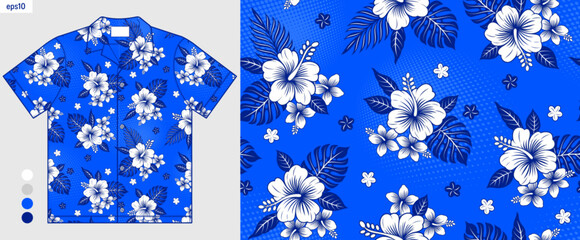 Seamless Hawaiian Shirt Pattern with White Hibiscus Flowers, Black Leaves and Branches on Blue Background, Shirt Mockup, Summer Textile Design, Tropical Beachwear Fabric, Vacation Fashion Print. © kirkchai