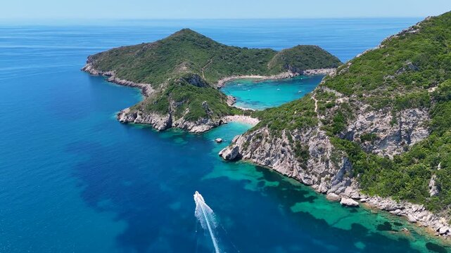 Aerial view of Porto Timoni double beach in Corfu, Greece