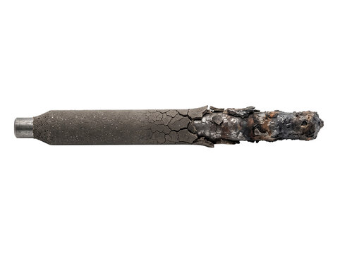 Half-Burnt Welding Electrode with Flaking Flux Coating - Industrial Welding Rod Isolated on White Background