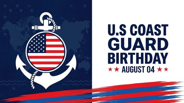 US Coast Guard Birthday August 04 banner featuring anchor US flag emblem design