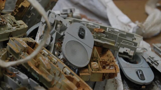 Heap of dismantled electronic scrap plastic casings and a grey speaker at recycling facility