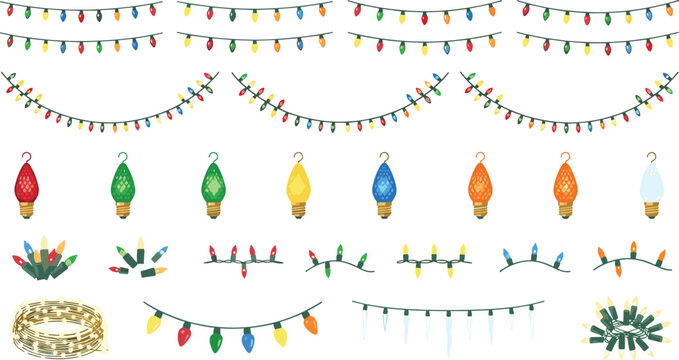 Colorful Christmas light string garland icon set with glowing holiday bulbs hanging fairy lamps and winter celebration borders for festive party graphic design elements