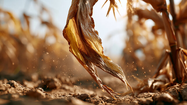 Extreme low angle cinematic close up, worm's eye view, camera centimeters above dry soil looking up at a drought stressed corn stalk in rural Guizhou, China. Stalk dominates frame