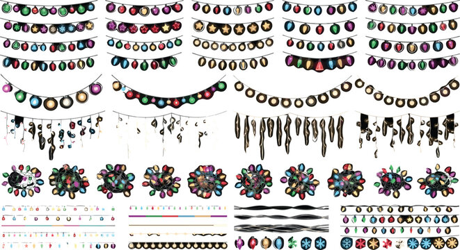 Colorful Christmas fairy lights garland vector set with glowing holiday lamp bulbs hanging buntings and decorative party string illumination borders for festive celebration invitations