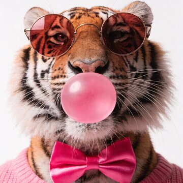 A stylish tiger wearing pink sunglasses and a matching bow tie blows a bubblegum bubble against a clean white studio background