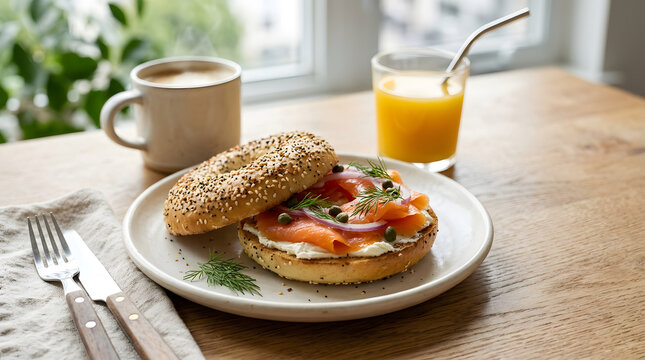 Smoked salmon bagel breakfast. Fresh cream cheese sandwich with coffee and orange juice.