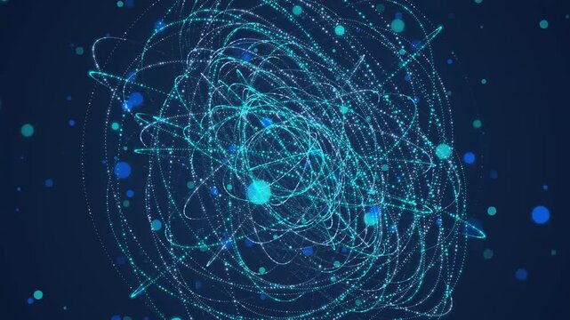Glowing blue particles swirl in circular orbits representing complex network connections and scientific data flow patterns