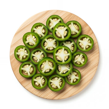 A sliced green chili peppers arranged on a round wooden board, isolated on a pure white background