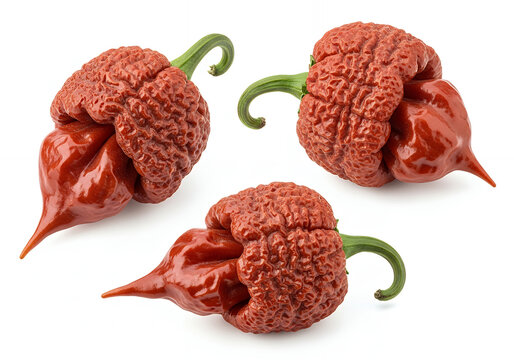 Three wrinkled, super-hot chili peppers, isolated on a pure white background